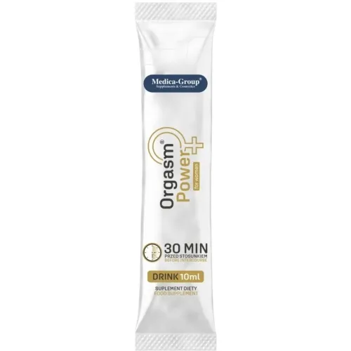 Weißes Sachet mit der Aufschrift "Orgasm Power+ for women", 10 ml Nahrungsergänzungsmittel, 30 Minuten vor Gebrauch.