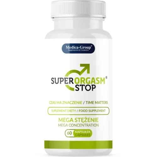 Weiße Flasche mit der Aufschrift "Super Orgasm Stop", Nahrungsergänzungsmittel, 60 Kapseln.