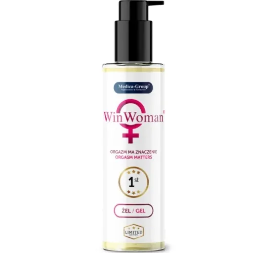 Flasche mit Spender, "WinWoman" Gel, weißes Etikett, rosa Symbol, Text "Orgasm Matters", Limited Edition.