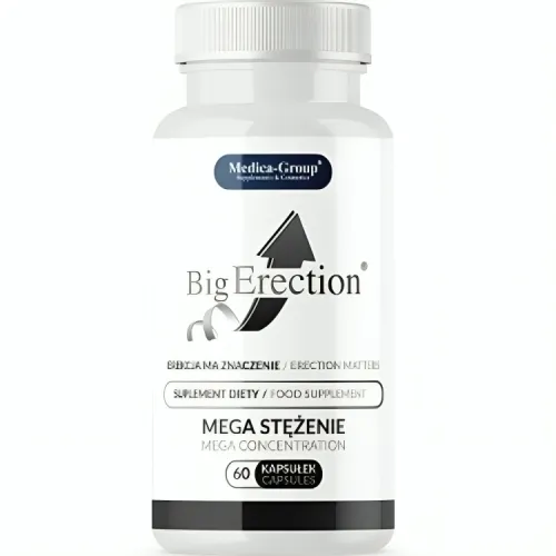 White bottle labeled "Big Erection", dietary supplement, 60 capsules, mega concentration.