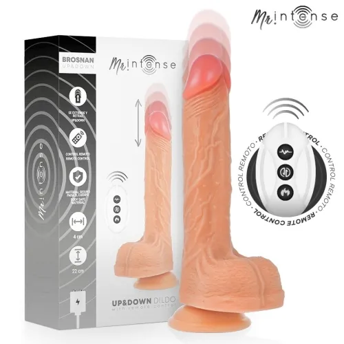 Packaging and product image of a remote-controlled dildo with up and down movement, including remote control.