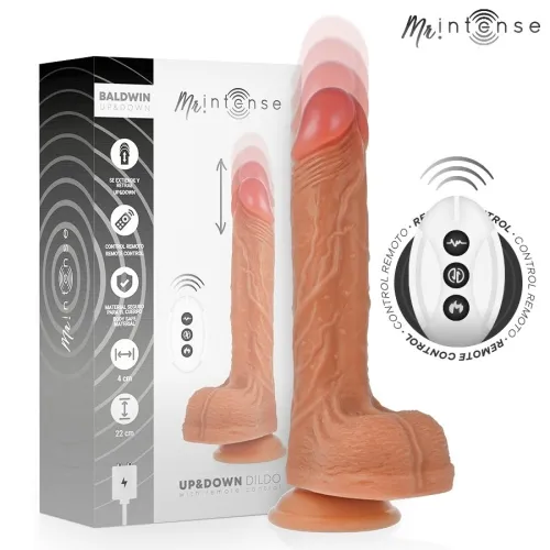 Packaging and product image of a remote-controlled dildo with up and down movement, including remote control.