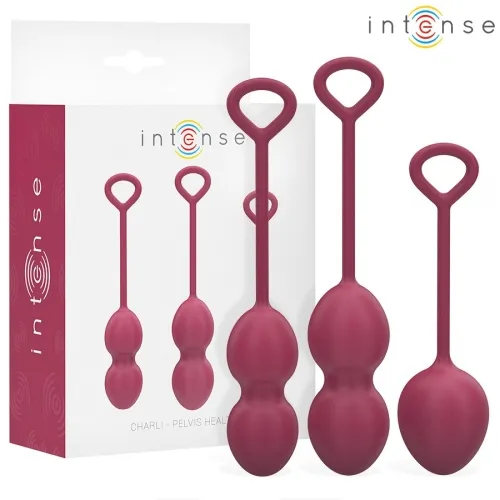 Drei rote Beckenbodentrainer mit Verpackung, Marke "intense", für Beckenbodentraining.