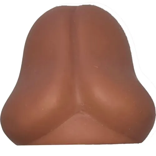 Brown, plastic replica of a human nose on a white background.