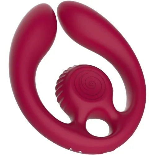 Roter, U-förmiger Vibrator mit zwei Armen und einem spiralförmigen Muster in der Mitte.