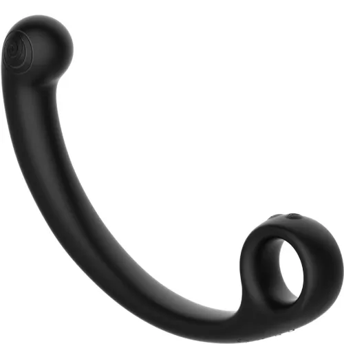 Schwarzes, gebogenes Massagegerät mit rundem Griff und glatter Oberfläche.