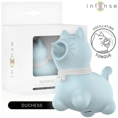 Blue, cat-shaped stimulator with oscillating tongue, next to packaging with product image and logo.