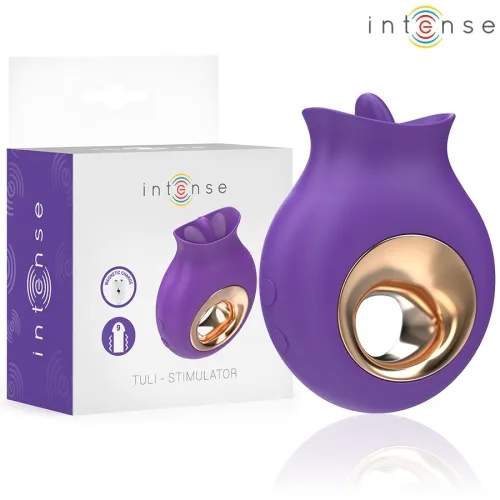 Purple stimulator with golden accents, next to packaging with "intense" logo and product image.