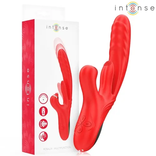 Red vibrator with packaging, brand "Intense", multifunctional, with various vibration modes and ergonomic design.