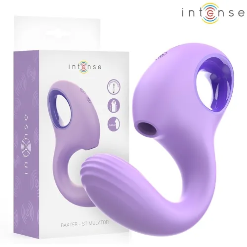Purple stimulator with packaging, curved design, brand name "intense" visible.