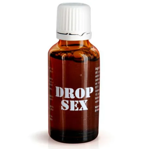 Braune Flasche mit weißem Verschluss, Aufschrift "DROP SEX".