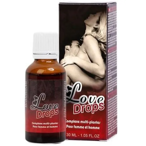 Bottle and packaging of "Love Drops", a plant-based product for men and women, with a sensual image on the packaging.