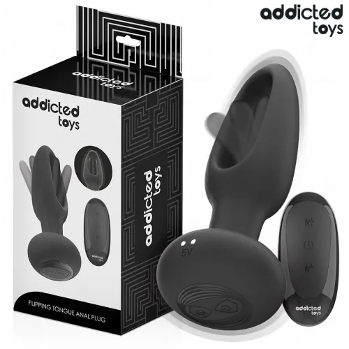 Schwarzer Analplug mit Fernbedienung und Verpackung von Addicted Toys, Produktname: Flipping Tongue Anal Plug.