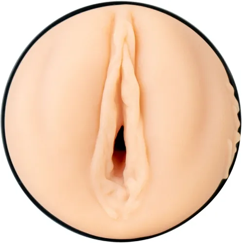 A round, skin-colored object with a vertical opening in the middle.