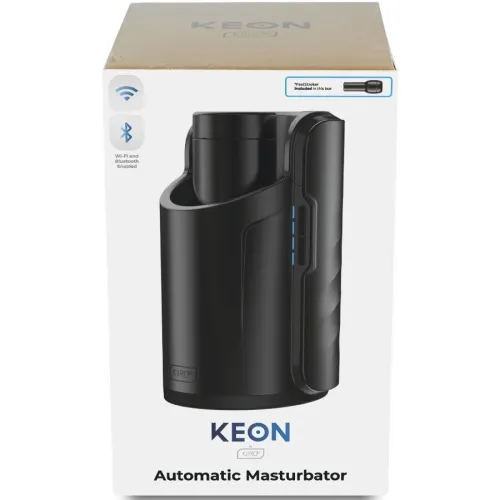 Verpackung eines automatischen Masturbators mit Wi-Fi und Bluetooth, Marke KEON, schwarzes Gerät abgebildet.