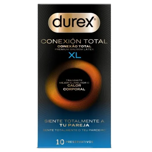 Durex condom packaging, "Conexión Total", XL, 10 pieces, black and blue design with orange circle.