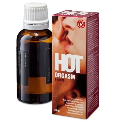 Braune Flasche und Verpackung mit der Aufschrift "HOT ORGASM S-DROPS", 30 ml Nahrungsergänzungsmittel.