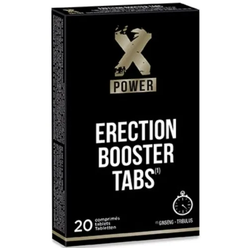 Black packaging labeled "Erection Booster Tabs", contains 20 tablets with ginseng and tribulus.