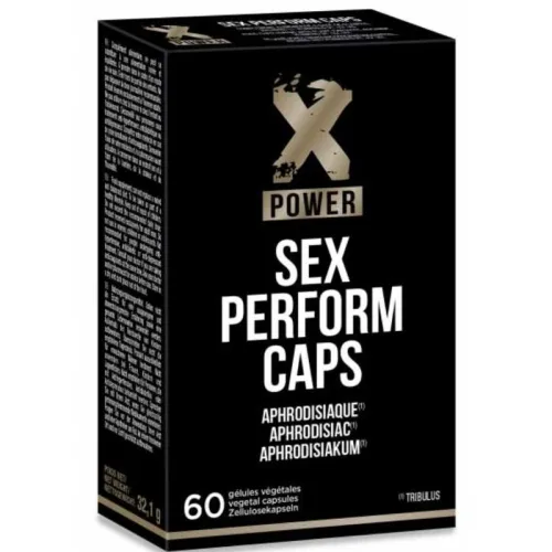 Black packaging of X Power Sex Perform Caps, 60 herbal capsules, aphrodisiac.