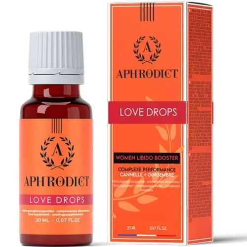 Flasche und Verpackung von Aphrodict Love Drops, einem Nahrungsergänzungsmittel für Frauen, 20 ml.