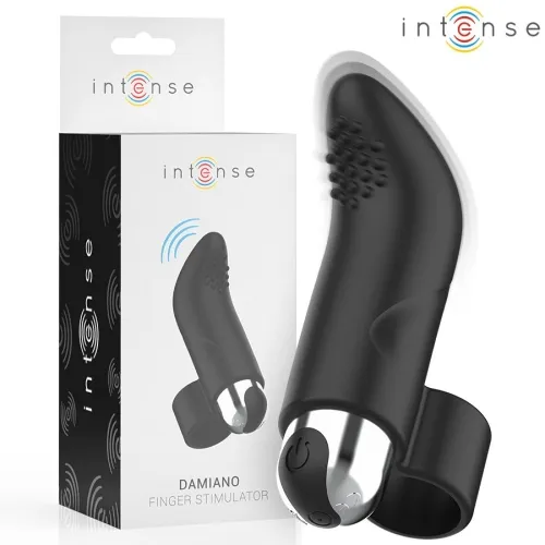 Black finger stimulator with packaging, brand name "intense", product name "Damiano".