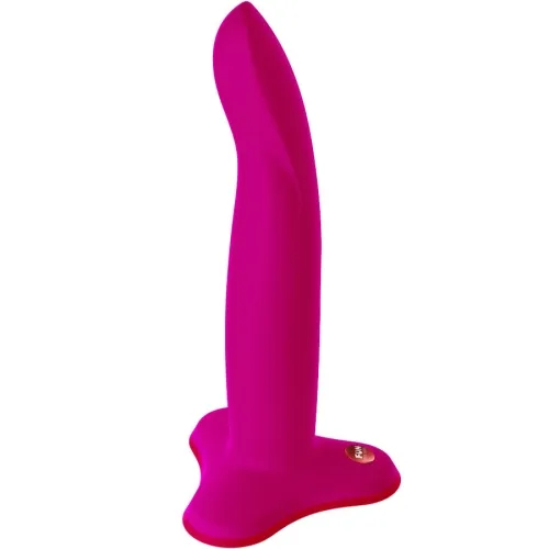 Pink silicone dildo with a curved tip and wide base.