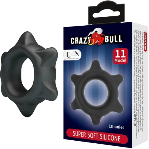 Black silicone ring with spikes, packaging with "Crazy Bull" logo and "Super Soft Silicone" inscription.