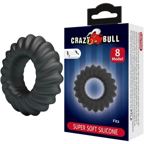 Black silicone ring with a ribbed surface, packaging with "Crazy Bull" logo and "Super Soft Silicone" inscription.
