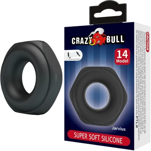 Schwarzer Silikonring neben einer Verpackung mit der Aufschrift "Crazy Bull" und "Super Soft Silicone".