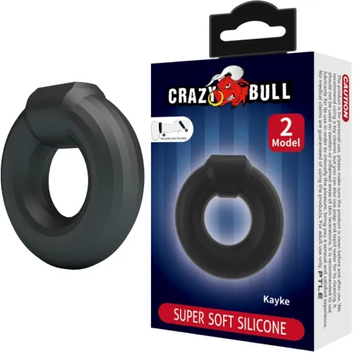 Black silicone ring next to a package labeled "Crazy Bull" and "Super Soft Silicone".