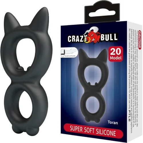 Black silicone ring in the shape of a cat next to packaging labeled "Crazy Bull" and "Super Soft Silicone".