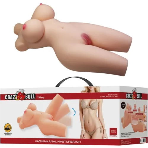 Erotisches Spielzeug in Form eines weiblichen Torsos, Verpackung mit Produktabbildung und Modellfoto.