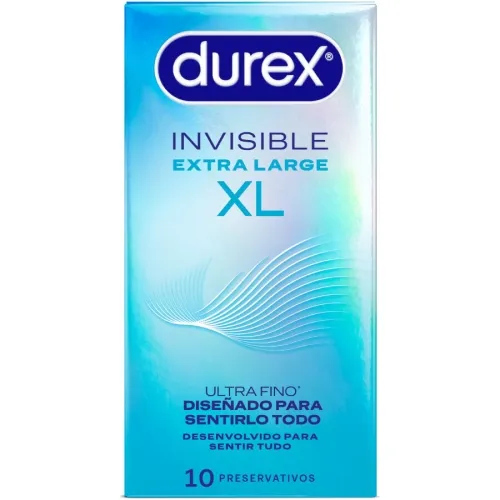 Durex Invisible Extra Large XL Kondome, ultra dünn, 10 Stück, Verpackung in Blau und Weiß.
