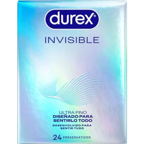 Packaging for Durex Invisible condoms, 24 pieces, with iridescent design and text in Spanish and Portuguese.