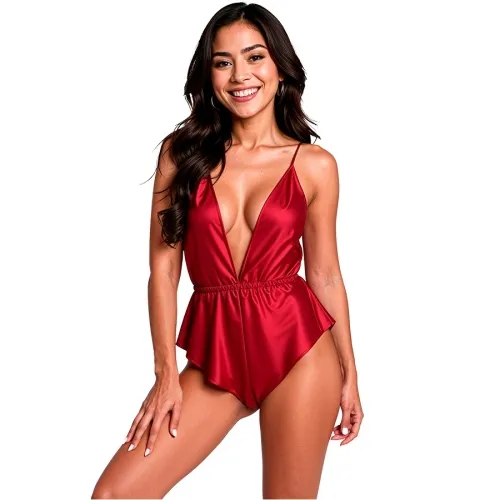 Woman in a red, low-cut satin bodysuit with spaghetti straps, smiling.