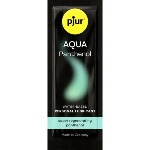 Schwarze Verpackung von pjur AQUA Panthenol, wasserbasiertes Gleitmittel, mit grünem Akzent, hergestellt in Deutschland.