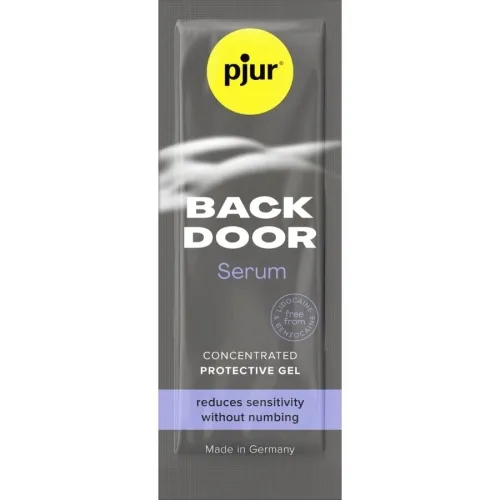 Grey packaging of pjur Back Door Serum, a protective gel that reduces sensitivity. Made in Germany.