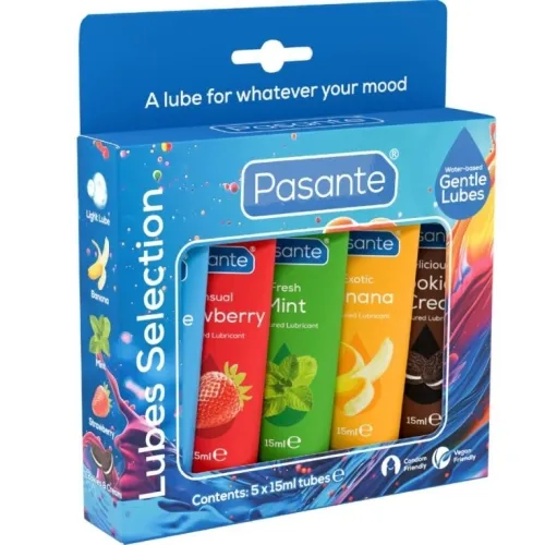 Pasante Lubes Selection, 5 tubes of 15 ml each, flavors: Strawberry, Mint, Banana, Cookies & Cream.
