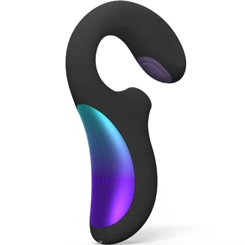 Black vibrator with purple-blue accents, ergonomic design, side view.