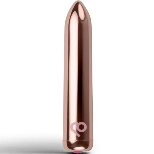 Kupferfarbener, zylindrischer Vibrator mit abgerundeter Spitze und kleinem Logo am unteren Ende.