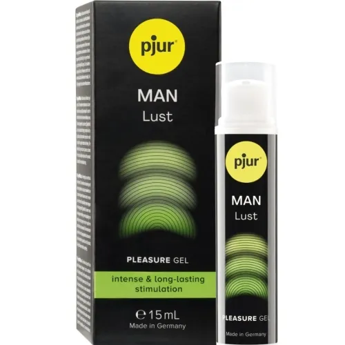 Black packaging and bottle of "pjur MAN Lust" Pleasure Gel, 15 ml, for intense and long-lasting stimulation.