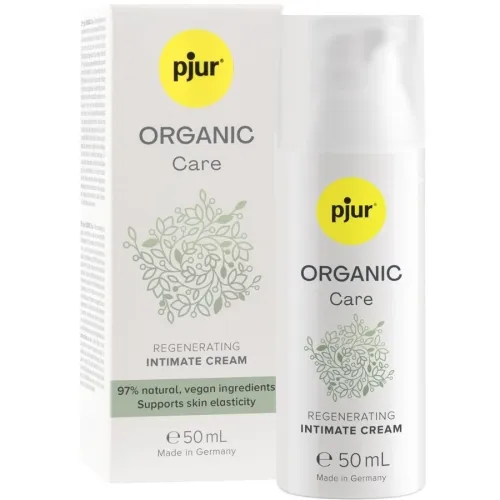 Pjur Organic Care Intimcreme, 50 ml, natürliche vegane Inhaltsstoffe, unterstützt Hautelastizität, Verpackung und Flasche.