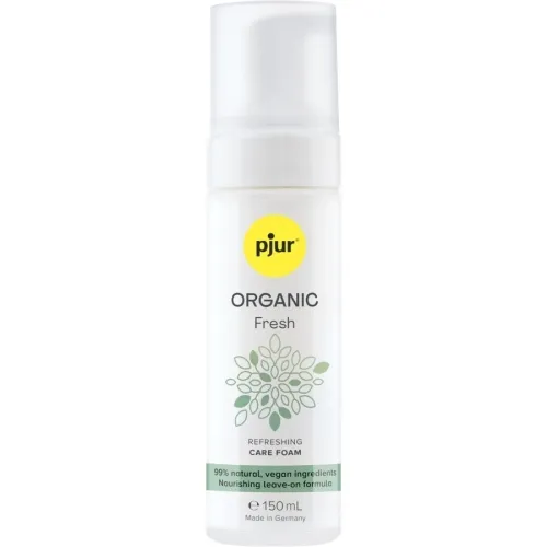 Bottle of pjur Organic Fresh Care Foam, 150 ml, vegan, 99% natural ingredients, made in Germany.