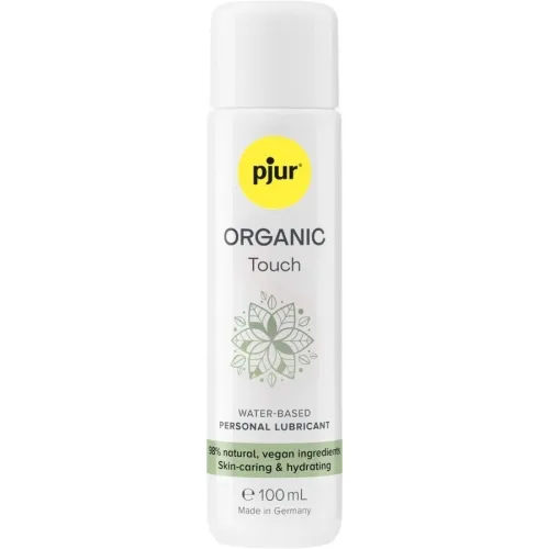 White bottle containing pjur Organic Touch lubricant, 100 ml, vegan, skin-friendly, water-based, made in Germany.