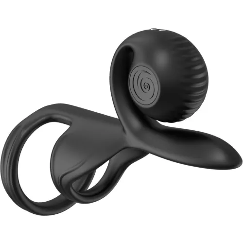 Schwarzer Silikonring mit Vibrationsfunktion, ergonomisch geformt, mit zwei Schlaufen und strukturiertem Kopf.