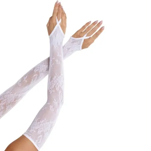 Two arms in white lace gloves that reach to the elbow, with outstretched fingers.