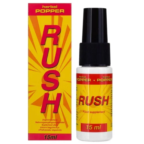 Gelbe Verpackung und Flasche mit schwarzem Deckel, Aufschrift "RUSH" und "herbal POPPER", 15 ml Nahrungsergänzungsmittel.