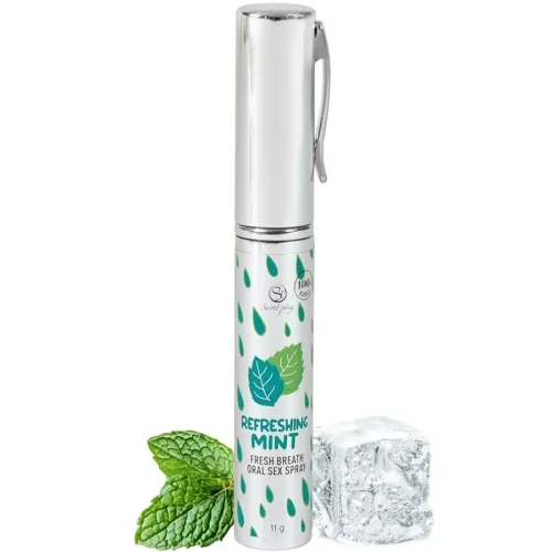 Mint spray for fresh breath, with mint leaves and ice cubes in the background.