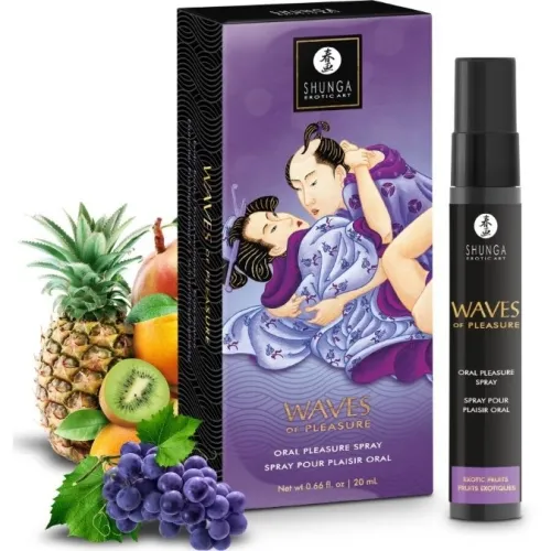 Shunga Waves of Pleasure Spray mit exotischen Früchten, Verpackung mit Kunstmotiv, Flasche daneben, Früchte im Vordergrund.