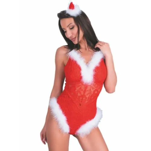 Frau in rotem Spitzenbody mit weißem Kunstfell, trägt Weihnachtsmütze.
